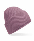 The Beechfield B385R purple knit beanie with a folded brim is displayed against a plain white background.