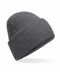 The Beechfield B385R beanie in gray features a classic design with a folded brim, displayed against a white background. The ribbed knit texture is visible, highlighting its simple yet timeless appeal.