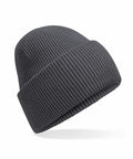 The Beechfield B385R is a dark gray ribbed knit beanie with a folded cuff, showcased against a white background.