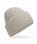 The Beechfield B385R, a light gray ribbed knit beanie with a folded cuff, is displayed against a white background. The hat is slightly tilted to highlight its texture and simple design.