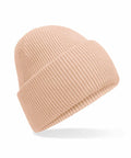 The Beechfield B385R, a beige ribbed knit beanie hat with a folded brim, is displayed against a white background.