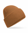 The Beechfield B385R is displayed against a white background, showcasing a brown knit beanie with a folded brim. It features a ribbed texture and looks soft and warm.
