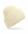 A Beechfield B385R ribbed knit beanie in cream, featuring a folded cuff, set against a white backdrop.