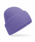 A Beechfield B385R knit beanie in purple, featuring a folded cuff and set against a white background.