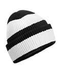 The Beanies hat features ribbed knit fabric with alternating black and white horizontal stripes, displayed against a white background.