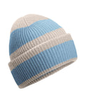 Beanies: A ribbed knit beanie with alternating horizontal stripes in light grey and light blue, finished with a folded brim.