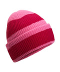 The Beanies hat features wide horizontal stripes in light and dark pink, a folded brim, and a ribbed texture, displayed against a white background.