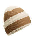 The Beanies ribbed knit hat features wide alternating cream and tan horizontal stripes and a turned-up brim, shown on a white background.