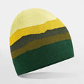 The B394R by Beechfield is a multicolored beanie featuring layered horizontal stripes in shades of yellow, olive, dark green, and light green on a white background.