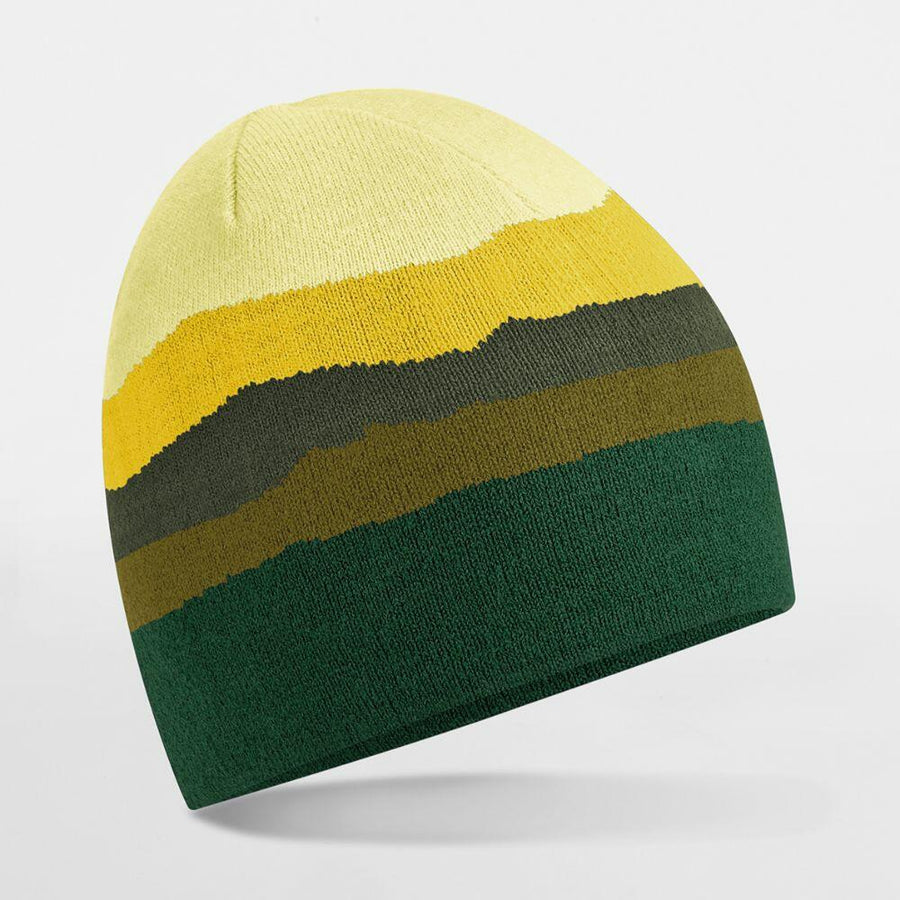 The B394R by Beechfield is a multicolored beanie featuring layered horizontal stripes in shades of yellow, olive, dark green, and light green on a white background.