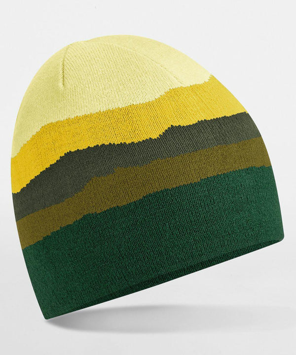 A Beechfield B394R knitted beanie hat with horizontal stripes featuring four colors: off-white at the top, followed by yellow, brown, and dark green at the bottom. The hat is displayed on a white, slightly angled background.