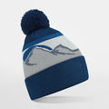 Introducing the Beechfield B395R, a knitted winter hat adorned with a pom-pom on top and showcasing a blue and gray color scheme complete with a mountain design.