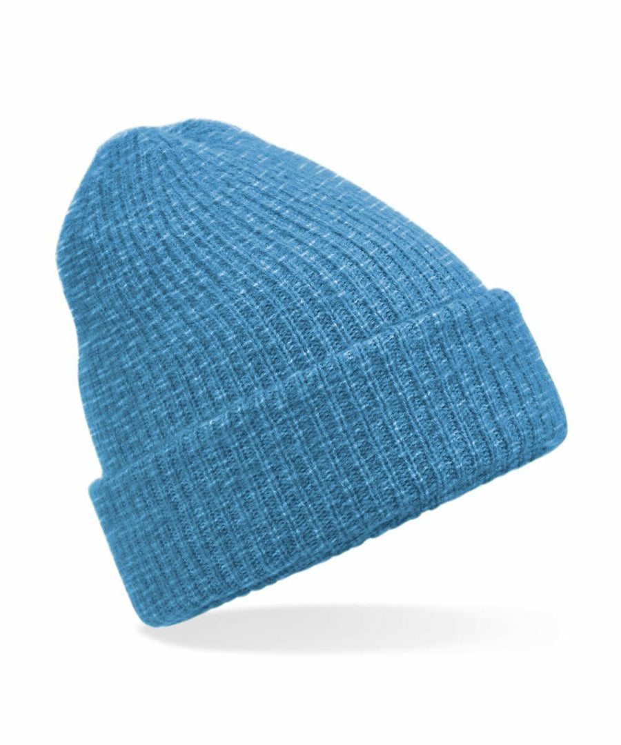 Beechfield B396R blue knitted beanie hat featuring a folded brim, showcased on a white background.
