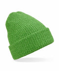 The Beechfield B396R, a radiant green knitted beanie featuring a folded cuff, is showcased against a white backdrop.