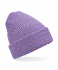 A Beechfield B396R purple ribbed knit beanie featuring a folded cuff, set against a plain white background.