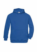 The B&C Collection B420B is a vibrant blue hooded sweatshirt, showcased against a plain white background. It includes a front kangaroo pocket and features ribbed cuffs and hem, providing a casual and comfortable style.