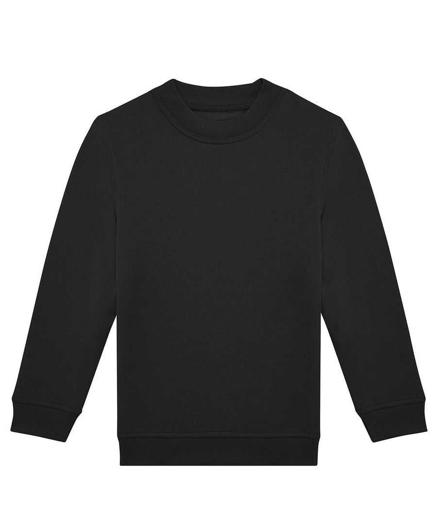 A black crewneck sweatshirt with long sleeves, ribbed cuffs, and a ribbed hem laid flat on a white background.