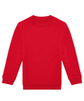 A solid red, long-sleeved crew neck sweatshirt is displayed flat against a white background.