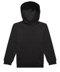 A black hooded sweatshirt with long sleeves, ribbed cuffs, a front kangaroo pocket, and no visible logos or designs is shown on a white background.