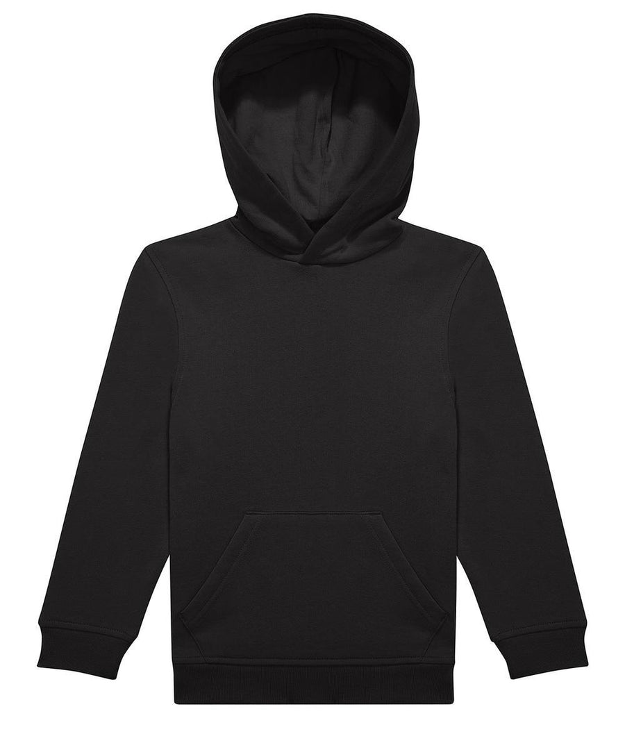 A black hooded sweatshirt with long sleeves, ribbed cuffs, a front kangaroo pocket, and no visible logos or designs is shown on a white background.