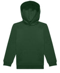 A hoodie sweatshirt in plain dark green features a hood, long sleeves, front pocket, ribbed cuffs and hem, shown on a white background.