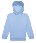 A light blue hooded sweatshirt with a hood, long sleeves, front kangaroo pocket, and ribbed cuffs and hem is displayed on a white background.