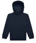 A plain, dark navy blue hoodie sweatshirt with long sleeves, a front kangaroo pocket, and no visible logos or designs is laid flat on a white background.