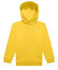 A yellow hooded sweatshirt with a hood, front kangaroo pocket, and long sleeves is laid flat on a white background.