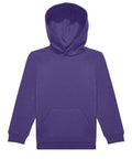 A hoodie sweatshirt in plain purple, featuring a hood, long sleeves, front pouch pocket, and ribbed cuffs and hem, is displayed flat on a white background.