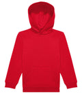 A red hoodie with a front pouch pocket, long sleeves, and a hood is shown laid flat on a white background.