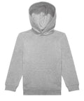 A hoodie sweatshirt in plain light grey with long sleeves, ribbed cuffs and hem, and a front kangaroo pocket, shown laid flat on a white background.