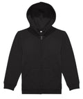 The Hoodies product is a black zip-up hoodie with a hood, long sleeves, ribbed cuffs, two front pockets, and a front zip, shown against a white background.