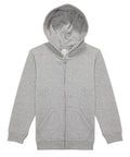 A light grey zip-up hoodie with a hood, long sleeves, front zip, and two front pockets is shown laid flat on a white background.