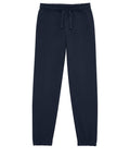 A pair of dark navy blue joggers with an elasticated waistband, drawstring, and elasticated cuffs is laid flat on a white background.