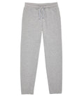 A pair of tracksuit bottoms in light grey with an elasticated waistband, drawstring, and tapered legs, laid flat on a white background.