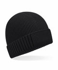 Beechfield B438N beanie in black features a ribbed knit design with a folded cuff, set against a white background.