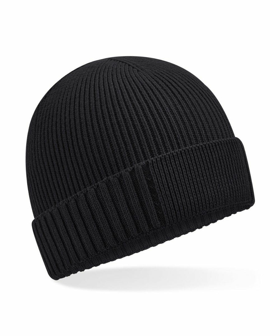 Beechfield B438N beanie in black features a ribbed knit design with a folded cuff, set against a white background.