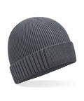 The Beechfield B438N is a gray ribbed knit beanie featuring a folded brim.