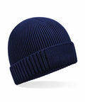The B438N knit beanie by Beechfield, featuring a folded brim in blue, is set against a white background.
