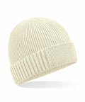 A Beechfield B438N ribbed knit beanie in beige with a folded cuff, displayed against a light background.
