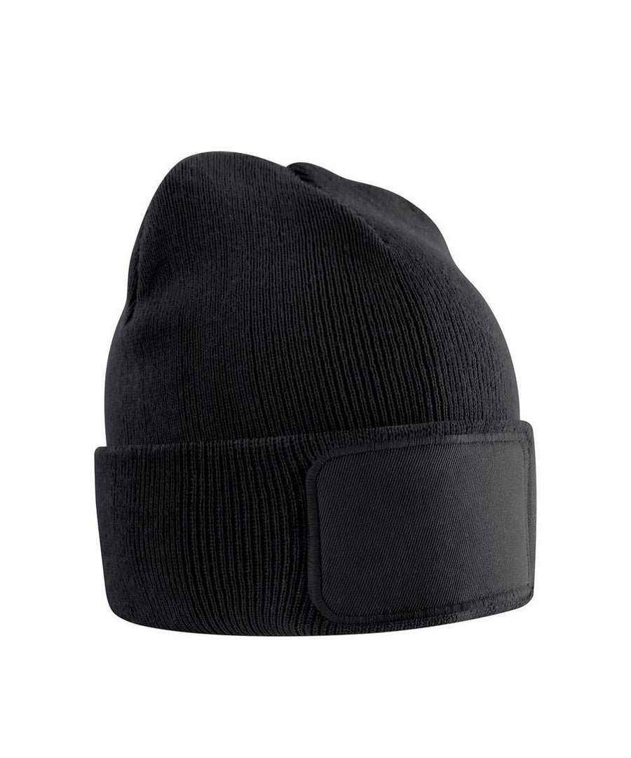 The Beanies product is a black knitted beanie featuring a folded brim and a rectangular front patch, shown against a plain white background.
