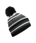 Beanies: A knitted beanie hat featuring black, white, and grey horizontal stripes with a black pom-pom on top, shown on a white background.