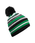 The Beanies hat features a black pom-pom, horizontal stripes in black, white, green, and grey, and is crafted from thick ribbed knit material.