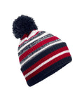 Beanies: A knitted winter hat with red, white, and dark blue horizontal stripes, finished with a dark blue bobble on top.