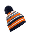 Beanies: A knitted hat with orange, white, and dark blue horizontal stripes and a large dark blue bobble on top, displayed against a white background.