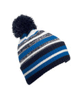 Beanies: A cosy knitted beanie with navy, white, grey, and bright blue horizontal stripes and a dark blue pom-pom on top, shown against a white background.