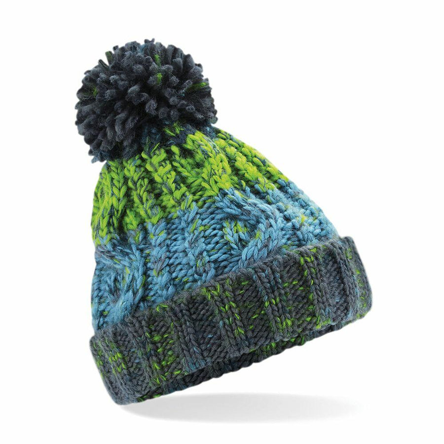 Beechfield's B486A knitted beanie with a pom-pom, made from blue, green, and dark gray yarn, displayed on a white background.