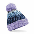 Beechfield's B486A features a knitted beanie in blue and purple, topped with a pom-pom.