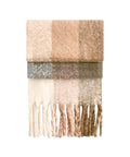 Scarves: A folded rectangular scarf featuring a beige, tan, brown, and grey colour block design with long twisted fringe along the bottom edge. Shown on a plain white background.