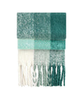 Scarves: A soft, fluffy wool scarf featuring a gradient pattern in teal, aqua, and white. Neatly folded, it includes long fringes at each end for added style.